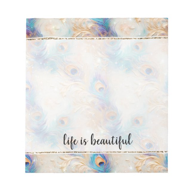 Bloco De Notas Penas de Peacock Douradas e brancas (Frente)