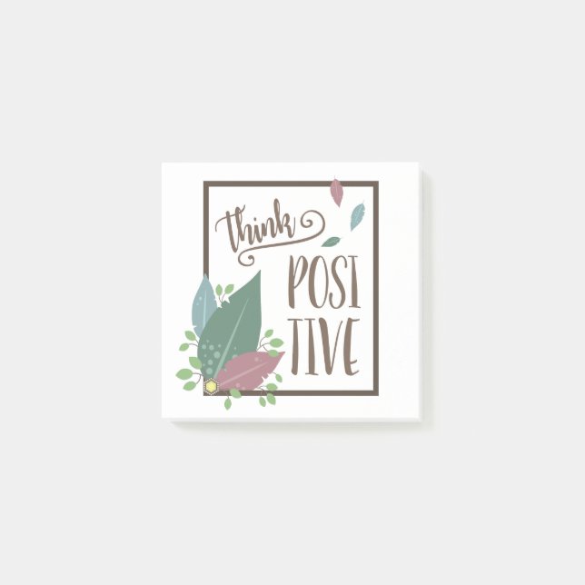 Bloco De Notas Pense no texto de motivação positiva feather boho (Frente)