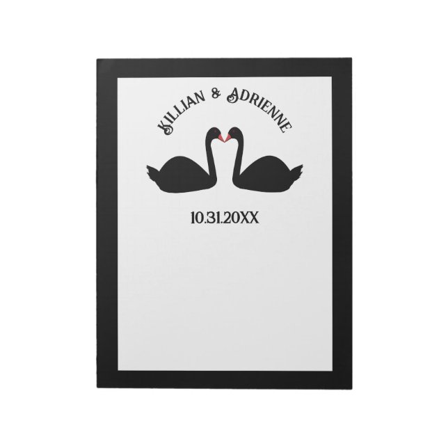 Bloco De Notas Personalização de Swans Negros Beijando Casamento  (Invertido)