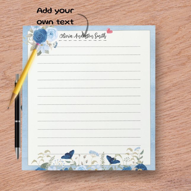 Bloco de Notas Personalizado Coração Floral Bege A (Blue Beige Floral Heart Custom Name Notepad)
