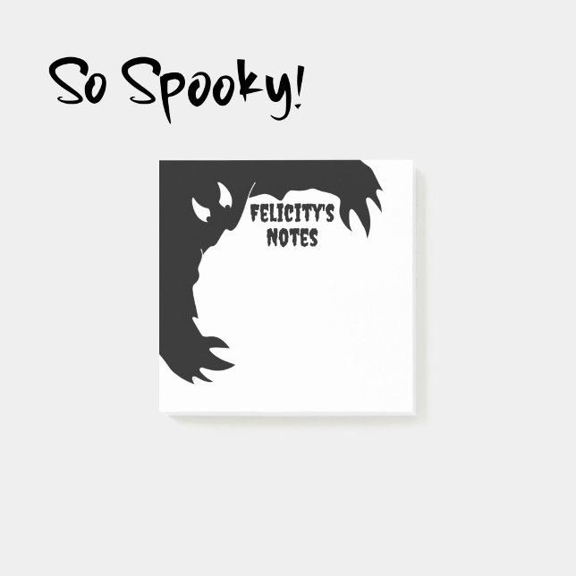 Bloco de Notas Personalizado de Halloween Monstro  (Personalized Halloween notepad with a cartoon of a funny black hairy monster reaching for the notes.)