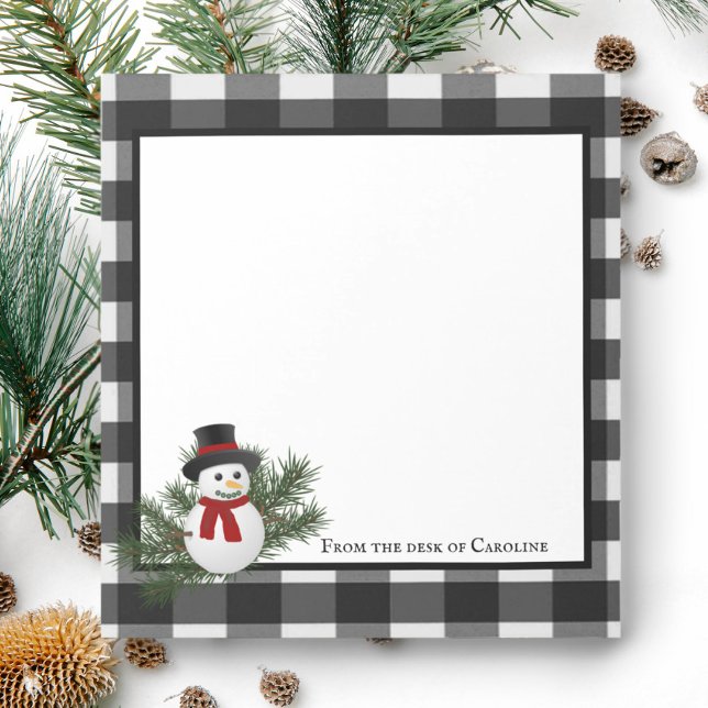 Bloco de Notas Personalizado de Xadrez Buffalo Sno (Black and White Smiling Snowman Buffalo Plaid Personalized Notepad)