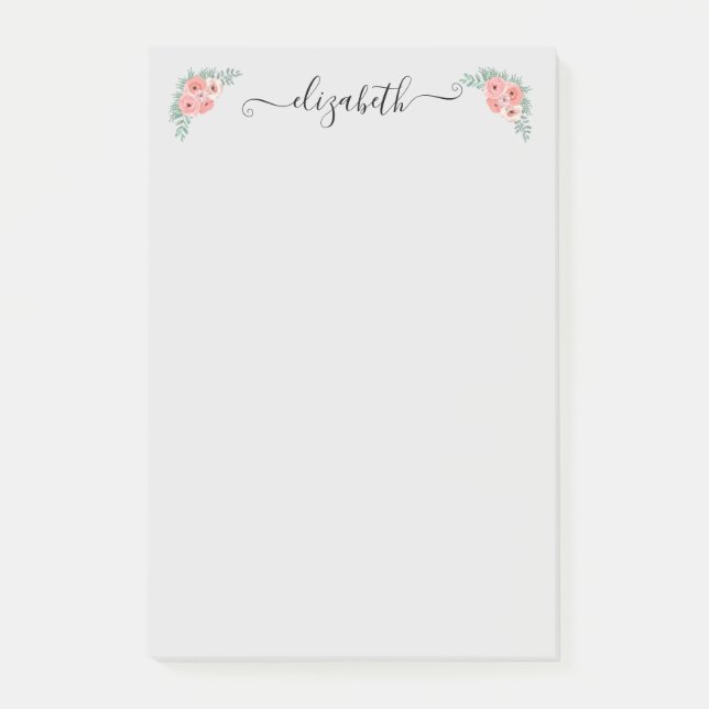 Bloco De Notas Personalizado Elegante Rosa Floral Script  (Frente)