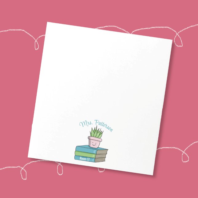 Bloco de Notas Personalizado para Professores com  (Cute book and house plant doodle personalized teacher notepad .)