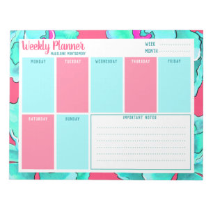 Bloco De Notas Personalizar Nome Planejador Semanal Floral Fúcsia
