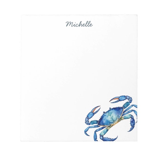 Bloco De Notas Personalized  Blue Watercolor Crab Summer Beach    (Frente)