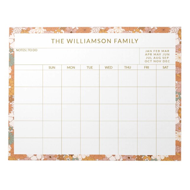 Bloco De Notas Personalized Earthy Floral Family Planner Calendar (Frente)