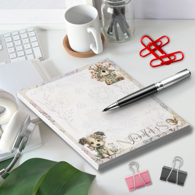 Bloco De Notas Personalized Pastel Dog & Floral Birdhouse Spring (Criador carregado)