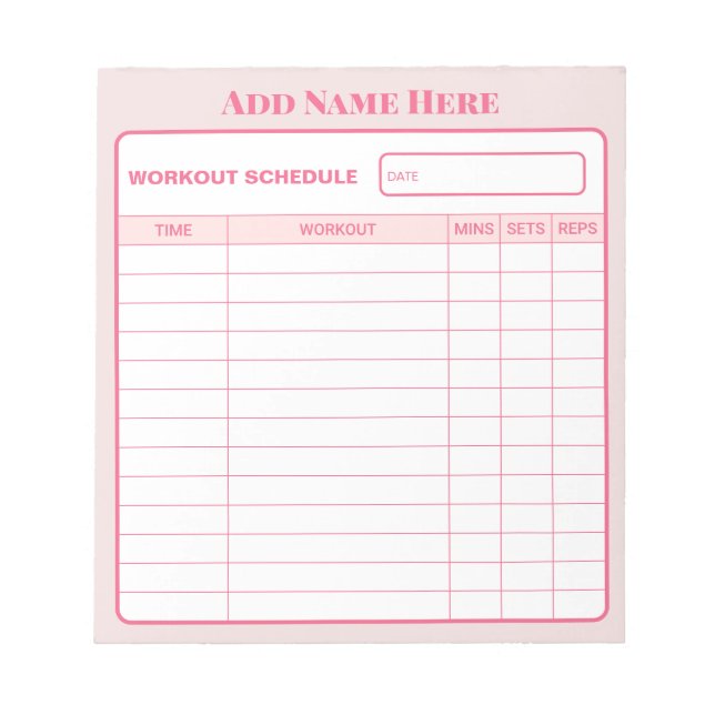 Bloco De Notas Personalized Pink Daily Workout Schedule Notepad (Frente)