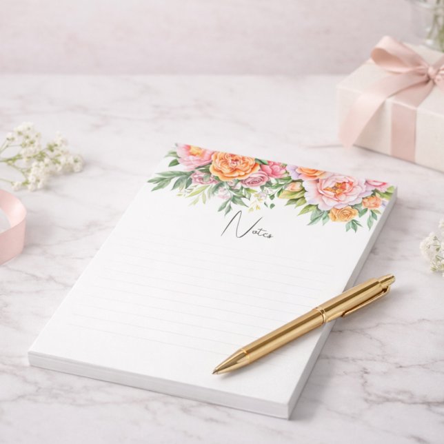 Bloco De Notas Personalized Pink & Orange Peonies Floral Notepad (Criador carregado)