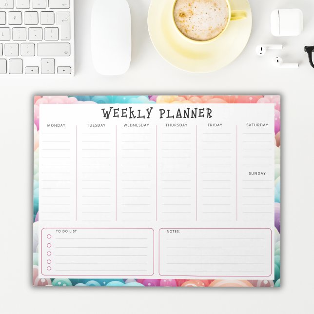 Bloco De Notas Personalized Rainbow Cloud Border, Weekly Planner (Criador carregado)