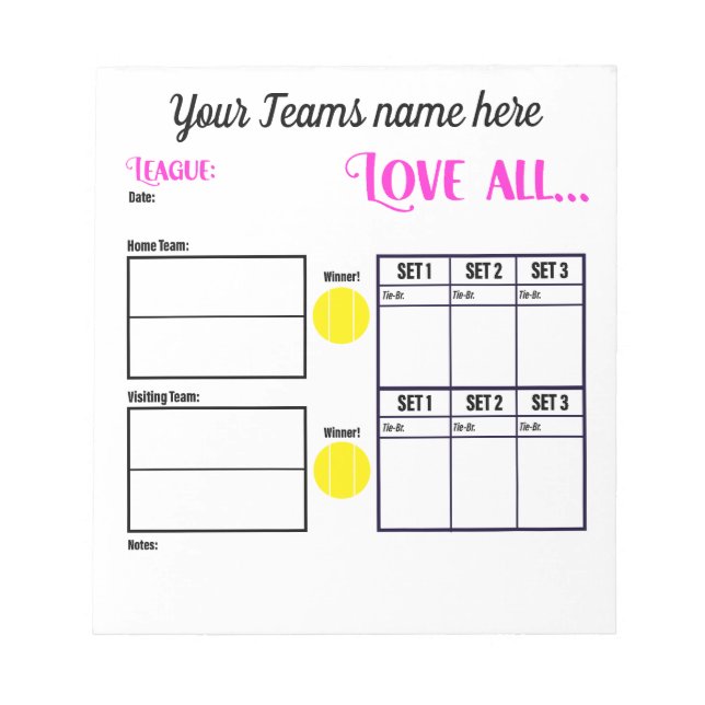 Bloco De Notas Personalized Tennis Team Scoresheets (Frente)