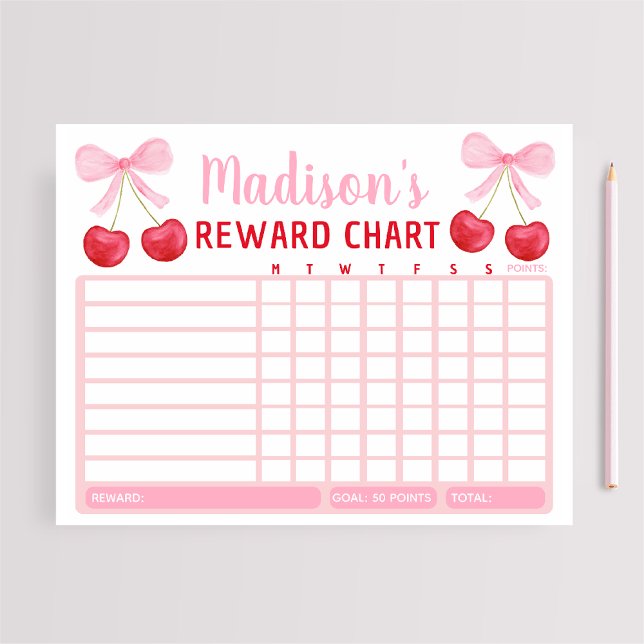 Bloco De Notas Pink Cherry Bow Girl Reward Chart Chore Chart (Criador carregado)