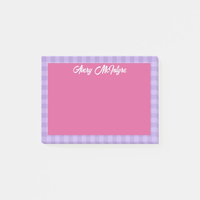 Bloco De Notas Pink Purple Gingham Border Name In Cool Script (Frente)