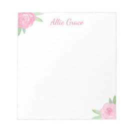 Bloco De Notas Pink Rose Floral Notepad - Personalized Name