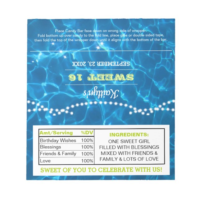 Bloco De Notas Piscina Luzes Limão Aniversário Favorecendo Molas  (Frente)