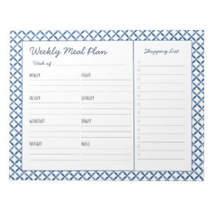 Bloco De Notas Planador Semanal de Refeições do Azulejo Azul e Br