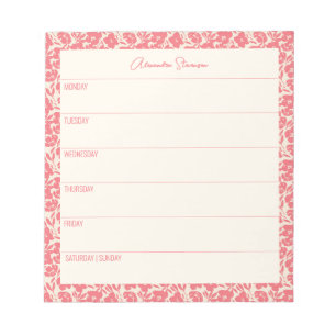 Bloco De Notas Planador Semanal Personalizado, Vintage Red Floral