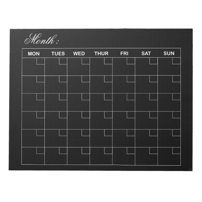 Bloco De Notas Planejador de Calendário Mensal Preto Elegante (Frente)