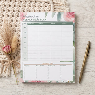 Bloco De Notas Planejador de Refeições Familiar Floral Rosa Água-