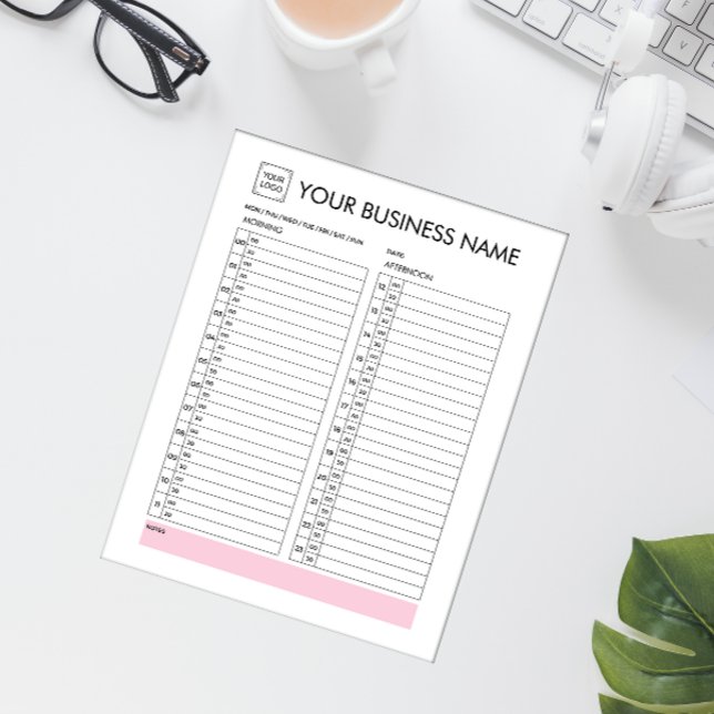BLOCO DE NOTAS PLANEJADOR DIÁRIO INTERVALO DE 30 MINUTOS ADICIONA (Pink white black daily planner with your logo and 30 minutes time slots)
