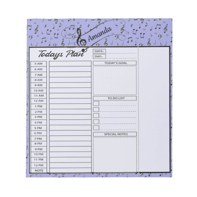 Bloco De Notas Planejador diário personalizado Black Musical (Frente)