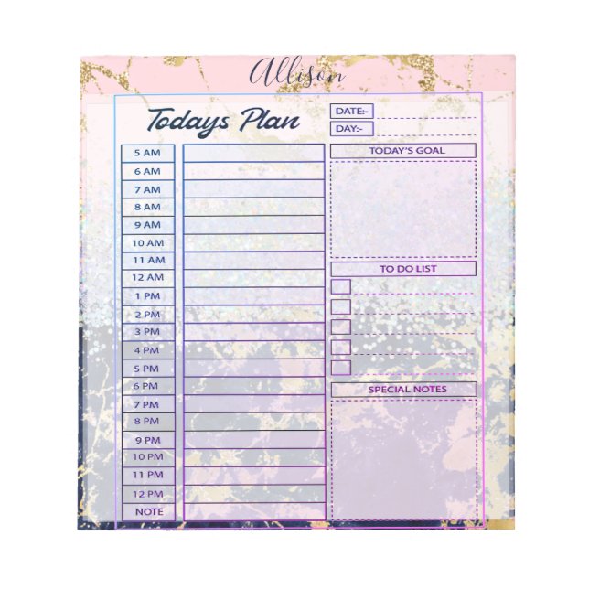 Bloco De Notas Planejador diário personalizado com glitter e márm (Frente)