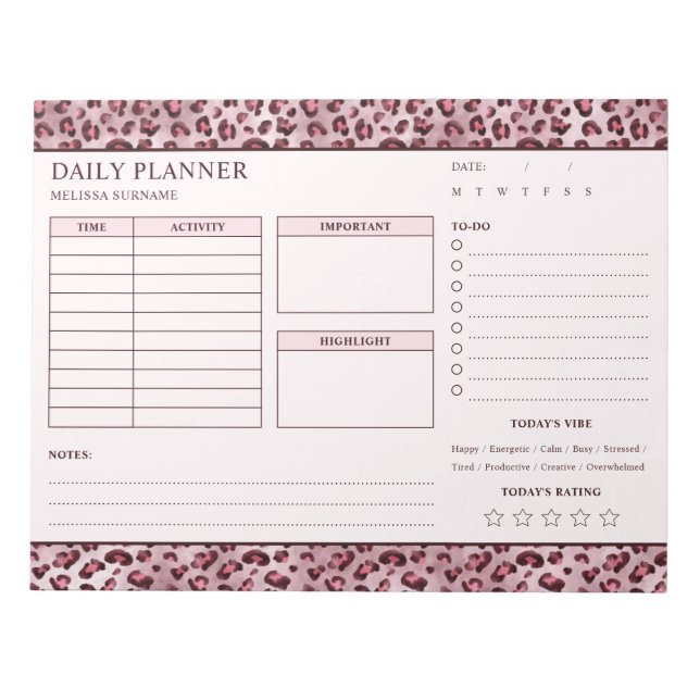 Bloco De Notas Planejador Diário Sem Data com Estampa de Leopardo (Frente)