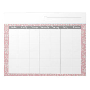 Bloco De Notas Planejador Mensal de Calendário de Coral Damask Bl