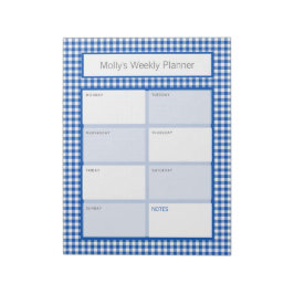 Bloco De Notas Planejador Personalizado de Xadrez Gingham Azul e 