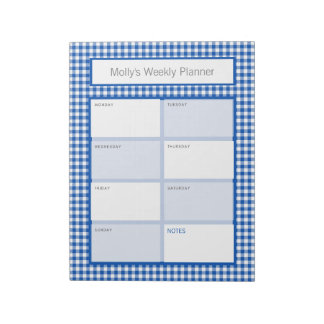 Bloco De Notas Planejador Personalizado de Xadrez Gingham Azul e