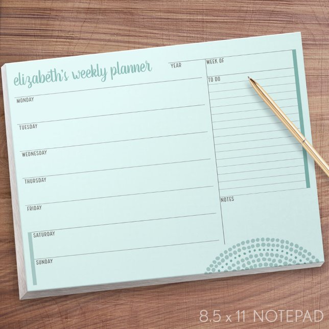 Bloco De Notas Planejador Semanal com Nome Personalizado - verde  (Weekly Planner Notepad)