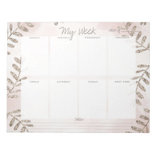 Bloco De Notas Planejador Semanal Glitter Champagne Aquarela Rosa