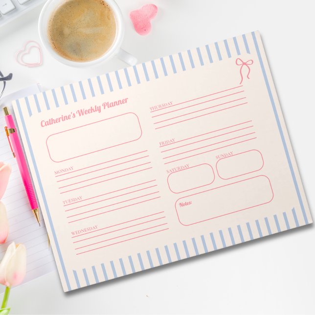 Bloco De Notas Planejador Semanal Listrado de Azul com Laço Rosa  (Cute Pink Bow Blue Striped Weekly Planner Notepad)