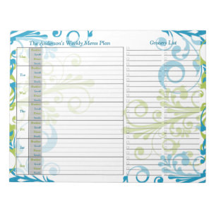 Bloco De Notas Plano de menu personalizado semanal verde azul