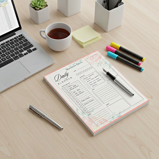 Bloco De Notas Plano do dia personalizado das rosas rosa (Criador carregado)