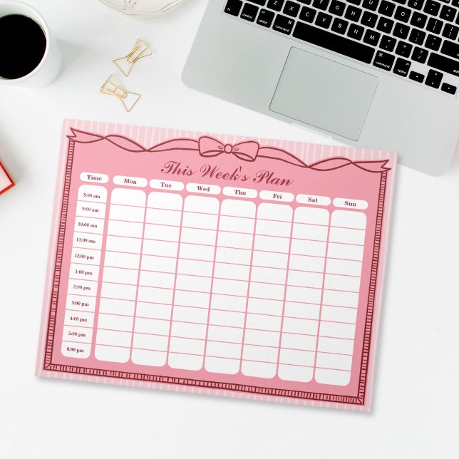 Bloco De Notas Plano Semanal desta Semana Horário (Pink Bow This Week's Plan Hourly Schedule Notepad)