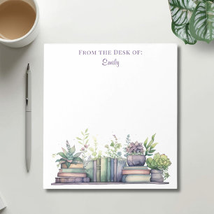 Bloco De Notas Planta e Livro em Aquarela Roxo e Verde