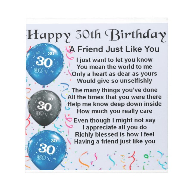 Bloco De Notas Poema de Amigo - aniversário de 30 anos (Frente)