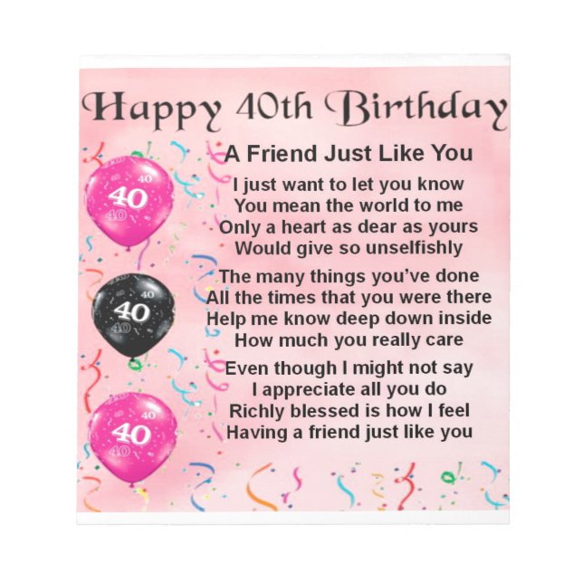 Bloco De Notas Poema de Amigo - aniversário de 40 anos (Frente)
