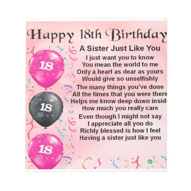 Bloco De Notas Poema de Irmã - Design de 18º Aniversário (Frente)