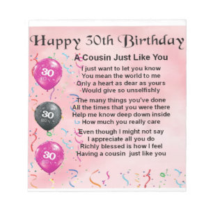 Bloco De Notas Poema do primo - rosa - aniversário de 30 anos