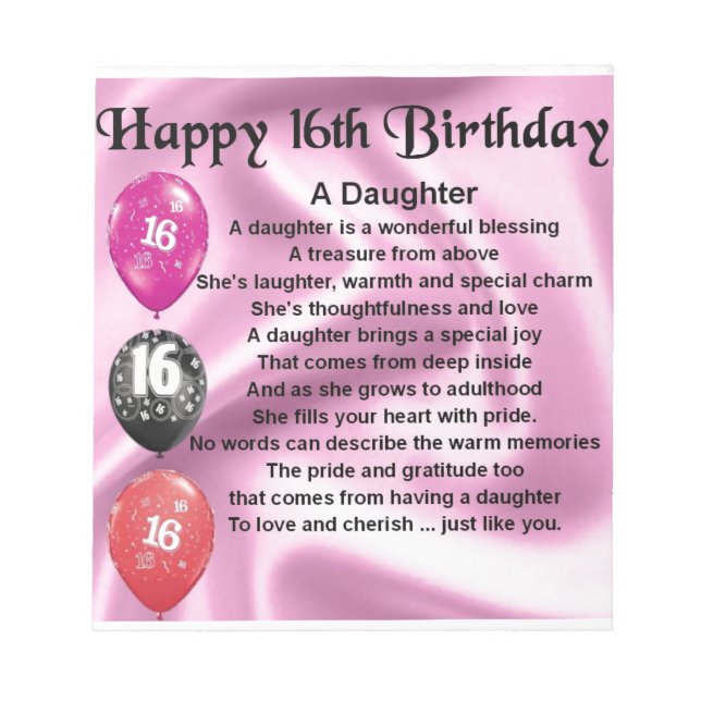 Bloco De Notas Poema Filha 16.º Aniversário (Frente)