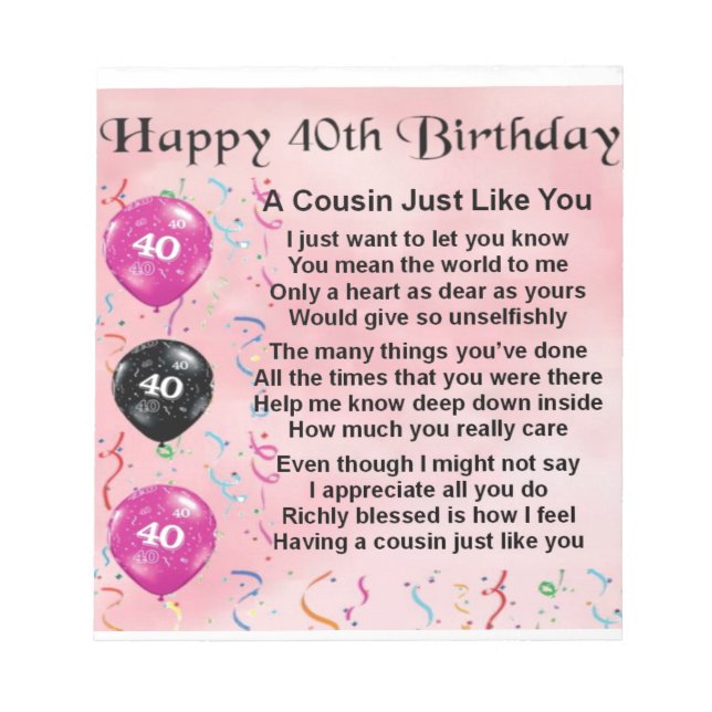 Bloco De Notas Poema primo - rosa - aniversário de 40 anos (Frente)