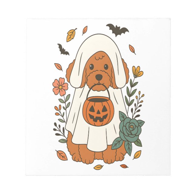 Bloco De Notas Poodle de Halloween com Flores de Outono (Frente)