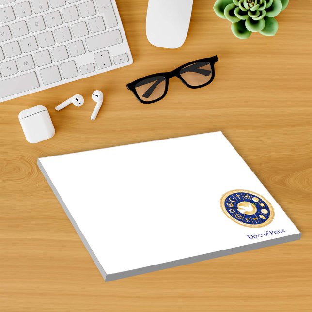 Bloco De Notas Porta de Paz 8,5"x11" (Dove of Peace 8.5"x11", 40-page Notepad featuring mandala of gold icons of world faiths.)
