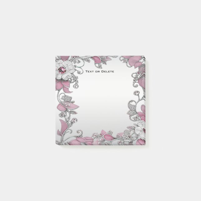 Bloco De Notas Posta Floral Branca de Prata Rosa que anota (Frente)