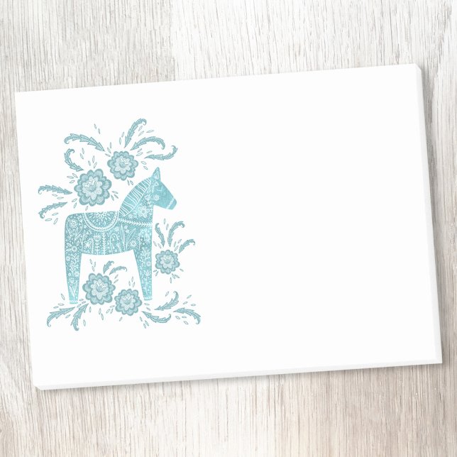 Bloco De Notas Posto de Teais de Dala Horse escandinava (Teal green and white Swedish Dala horse folk art post it note)