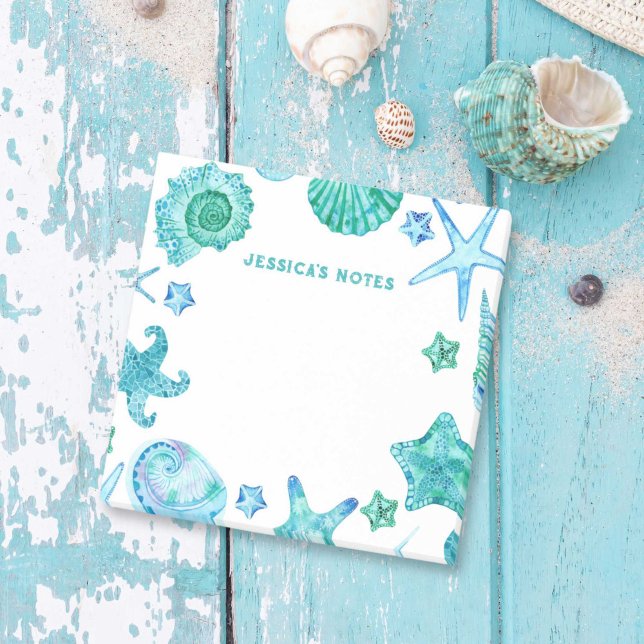Bloco De Notas Prateleiras Aquáticas Costeiras Conchas Marítimas  (Coastal Beach Watercolor Sea Shells and Starfish Post-it Notes)