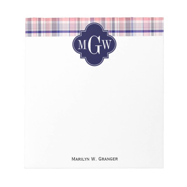Bloco De Notas Preppy branco, Marinho rosa, Madras Quatrefoil Mon (Frente)